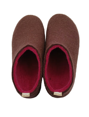 100% wool felt slippers in Chocolate with cerise pink wool interior layer