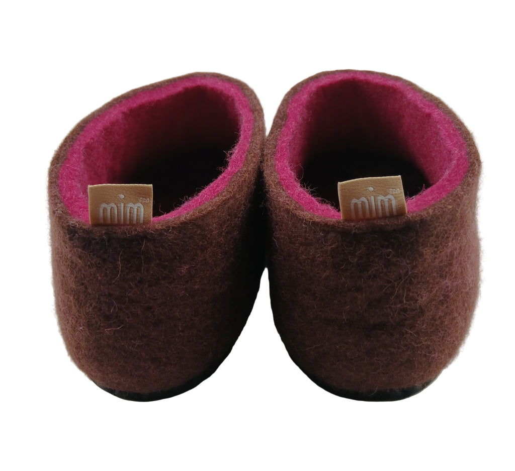 100% wool felt slippers in Chocolate with cerise pink wool interior layer