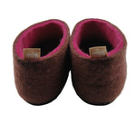 100% wool felt slippers in Chocolate with cerise pink wool interior layer