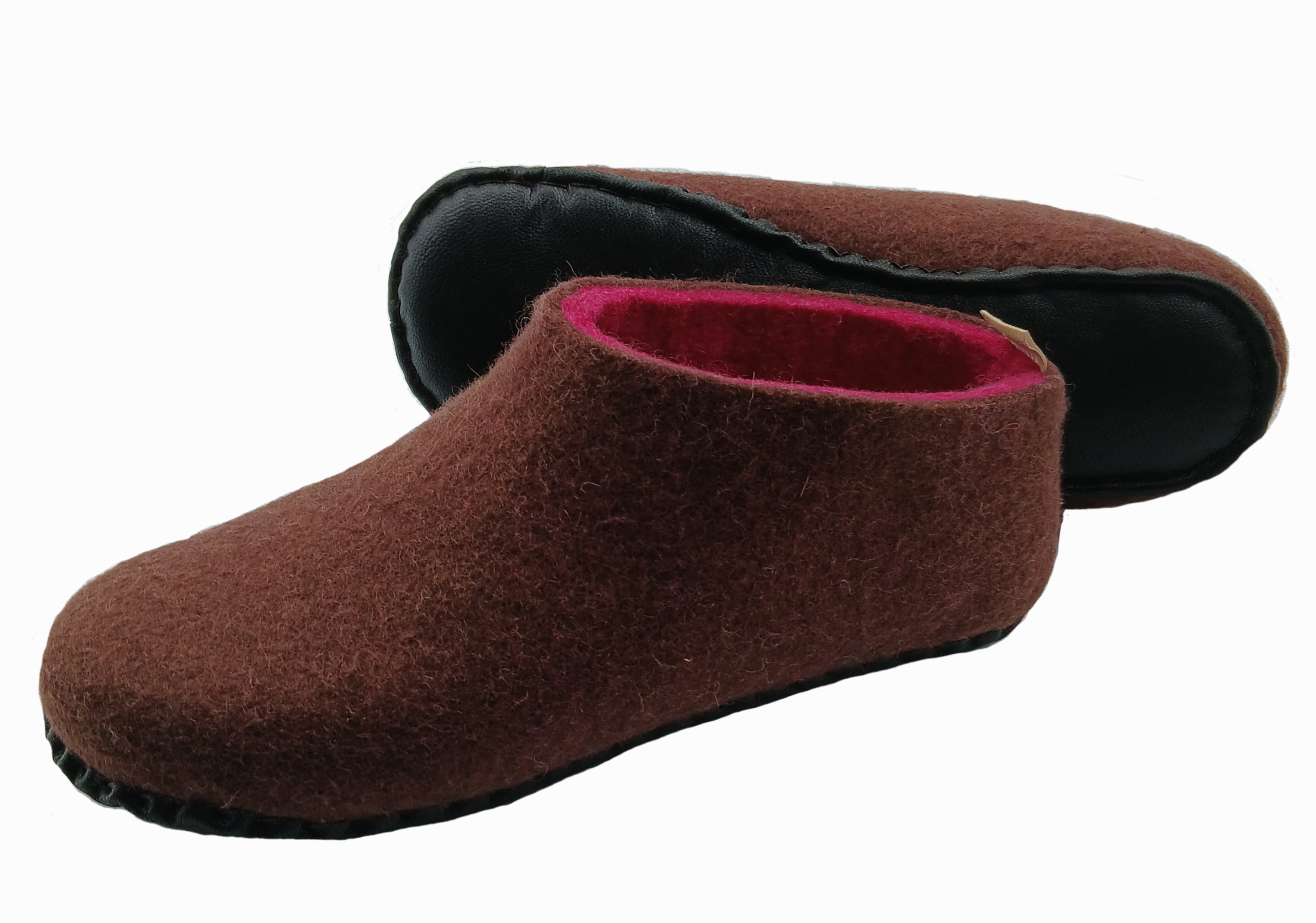 100% wool felt slippers in Chocolate with cerise pink wool interior layer