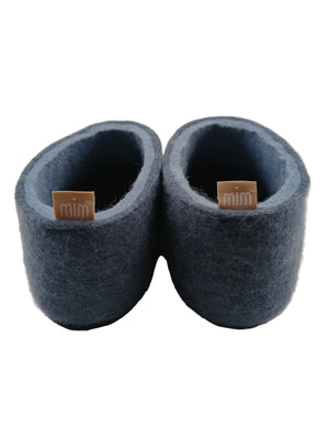 100% wool felt slippers in deep blue with a softer blue interior