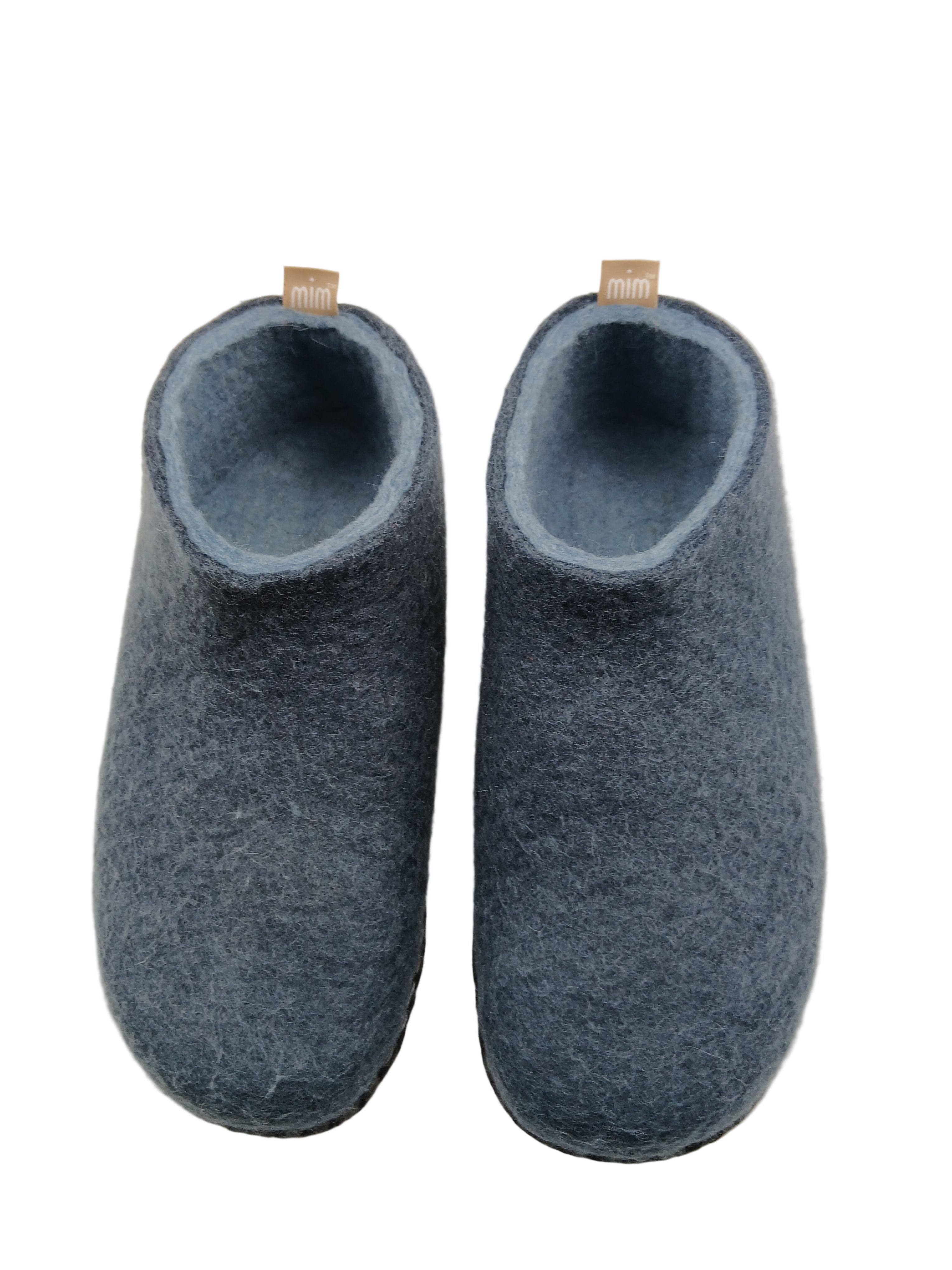 100% wool felt slippers in deep blue with a softer blue interior