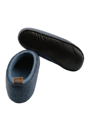 100% wool felt slippers in deep blue with a softer blue interior