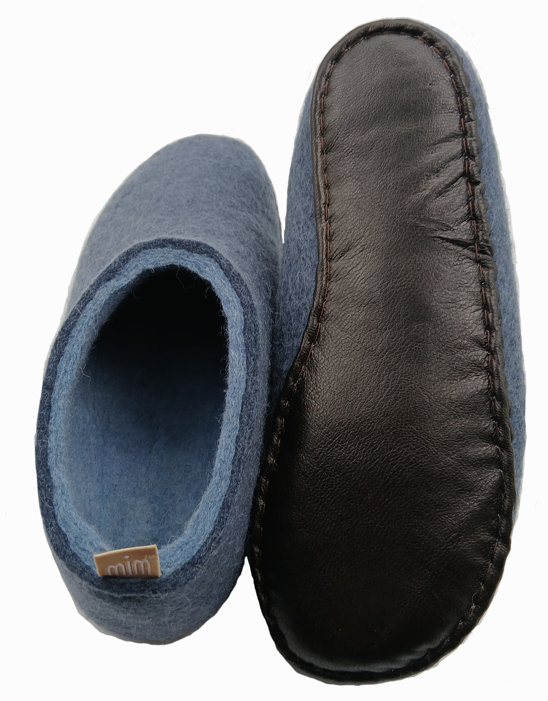 100% wool felt slippers in deep blue with a softer blue interior