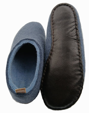 100% wool felt slippers in deep blue with a softer blue interior