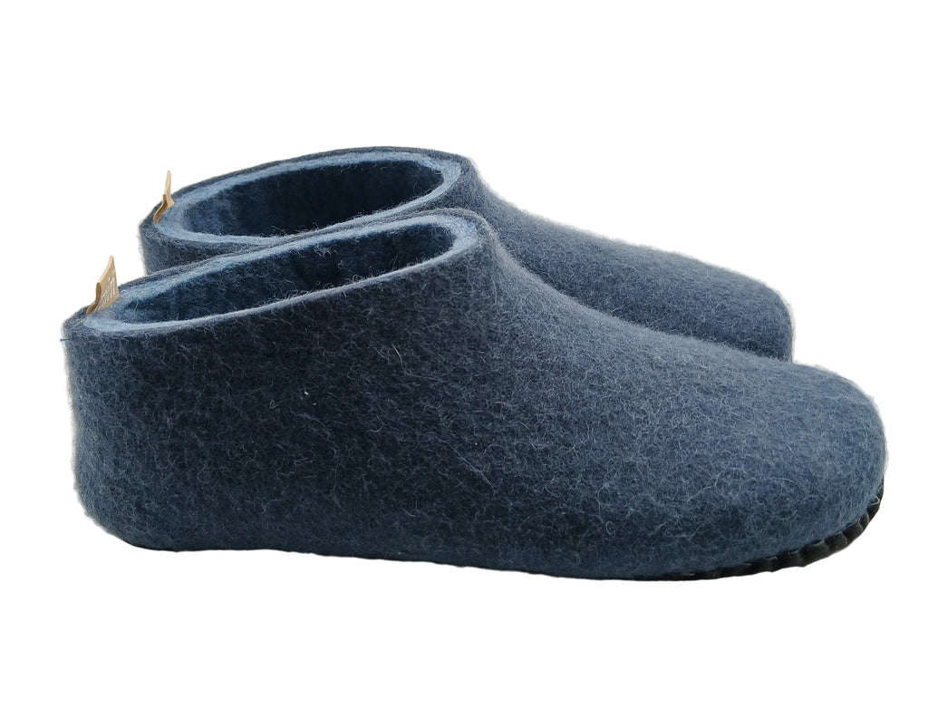 100% wool felt slippers in deep blue with a softer blue interior