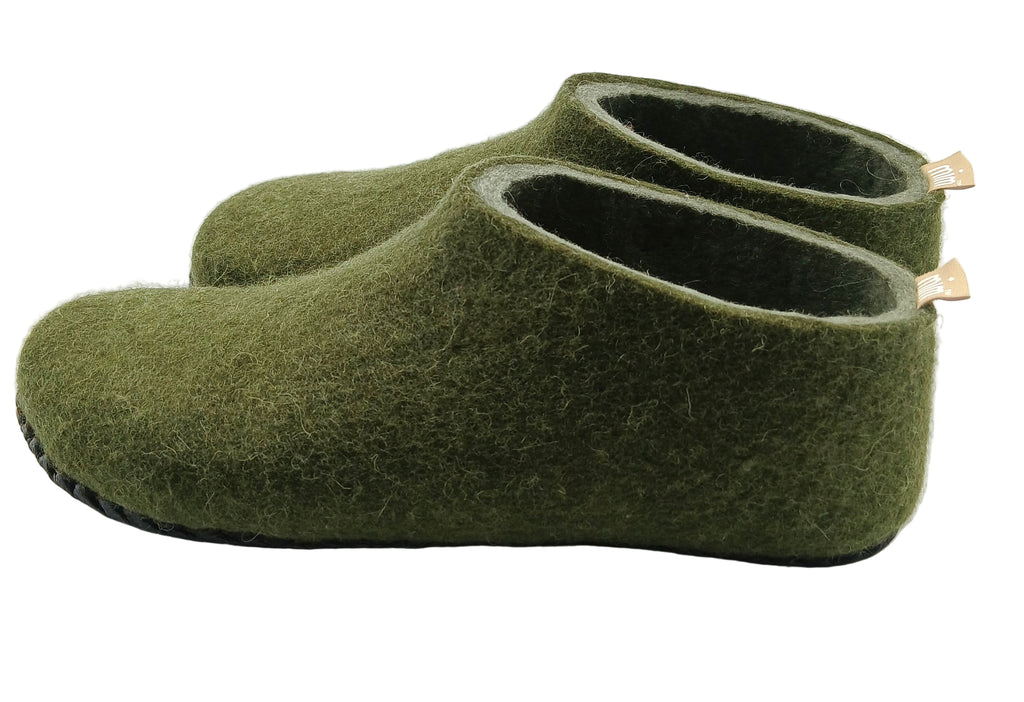 100% wool felt slippers in Garden green with a soft green interior