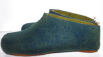 100% wool felt pine green colour slippers with a moss green wool interior layer