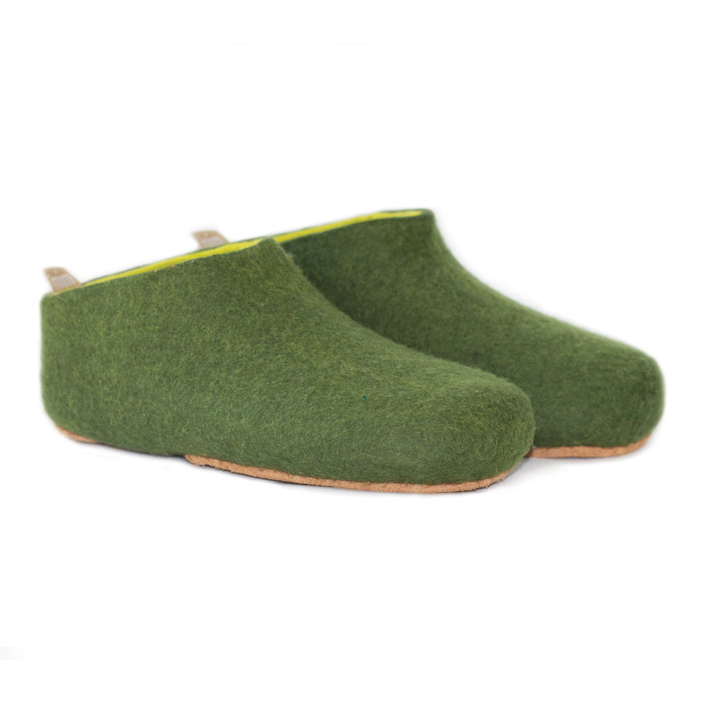 100% wool felt slippers in warm green and lime green interior layer made in Mongolia