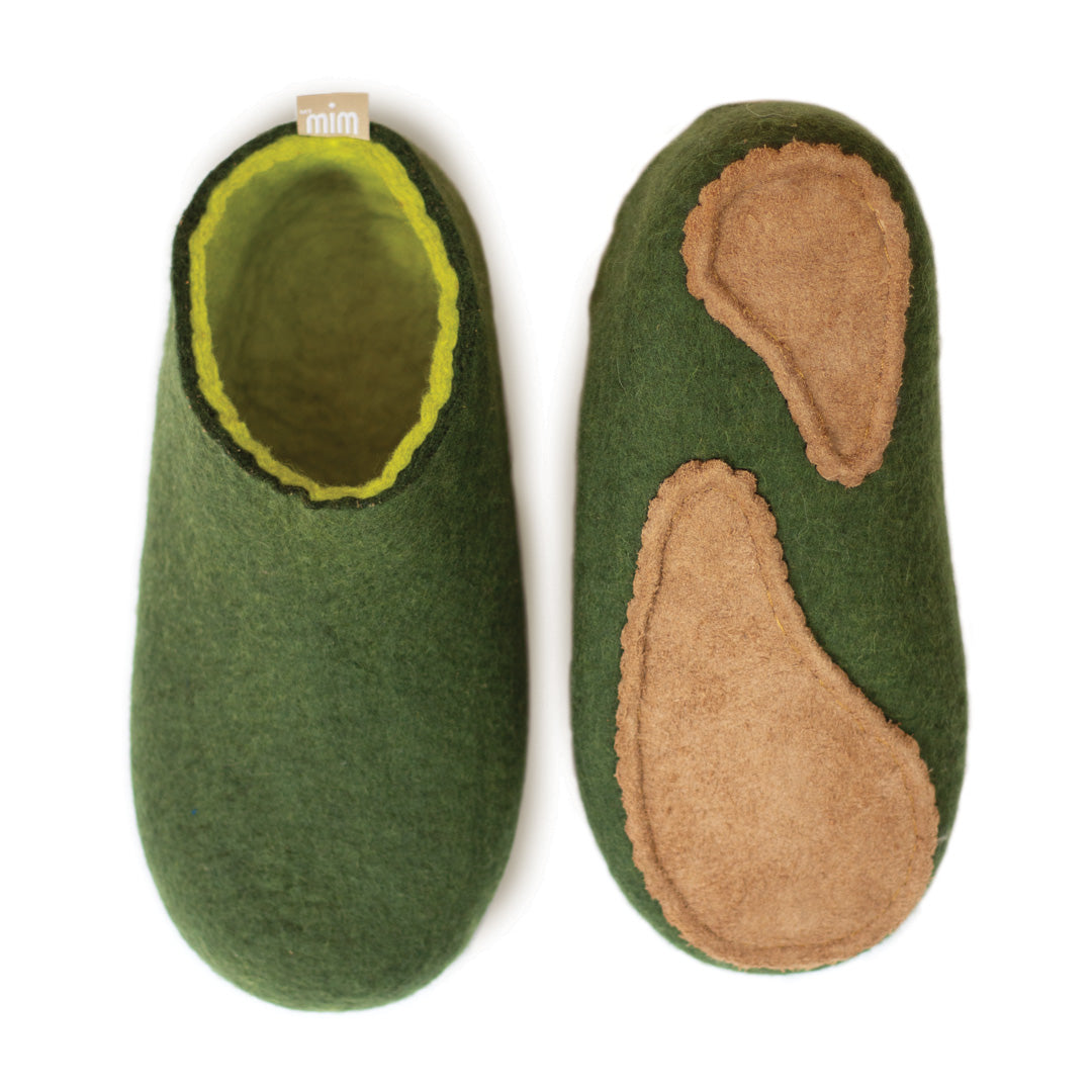 SALE 100% wool felt slippers in warm green and lime green interior lay ...