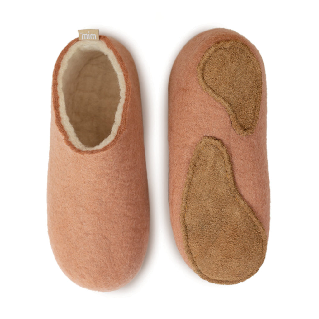 100% wool felt soft coral slippers with a natural undyed wool interior layer