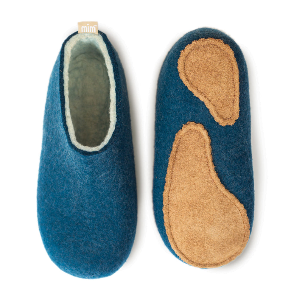 100% wool Felt Slippers with a natural undyed wool interior layer and teal exterior colour