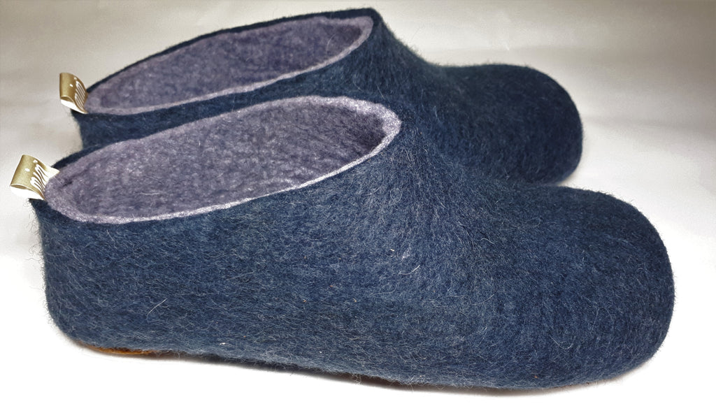 100% wool felt Navy colour slippers with a grey wool interior layer