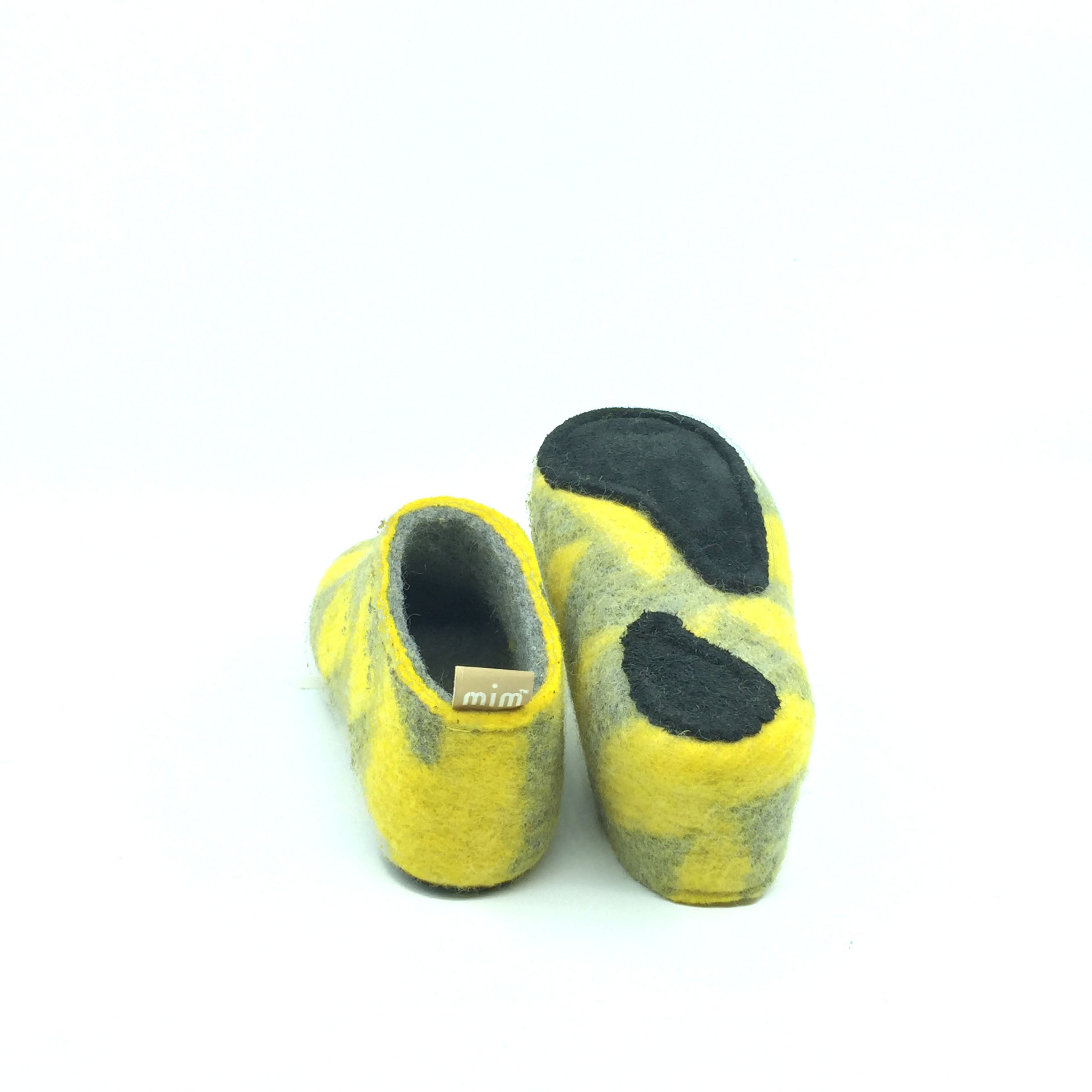 Children's Slippers 100% wool felt in Yellow with Grey Interior
