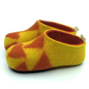 Children's Slippers 100% wool felt yellow with Red Interior