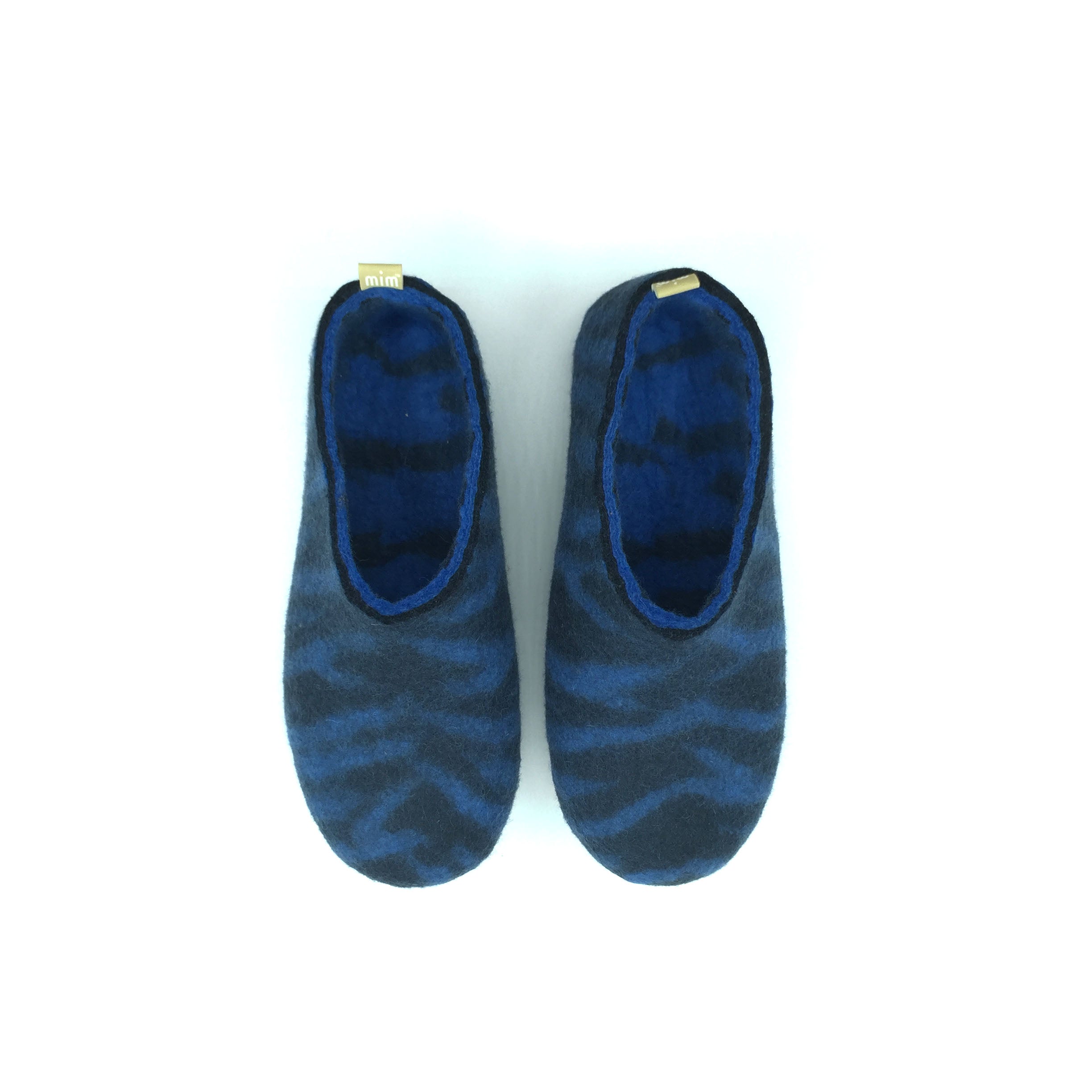 Men's Navy Blue 100% wool felt Slipper in Navy Blue with Zebra print detail