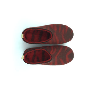Men's Deep Red and Maroon 100% wool felt Slipper with Zebra detail