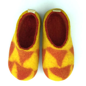 Children's Slippers 100% wool felt yellow with Red Interior